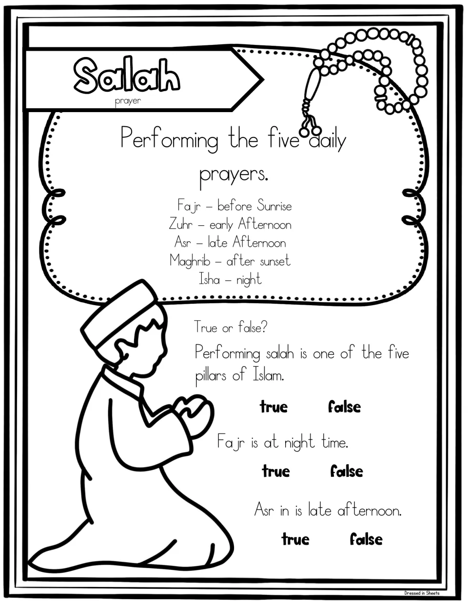 Salah, prayer: lists Fajr, Zuhr, Asr, Maghrib and Isha prayer times; students mark three true or false statements