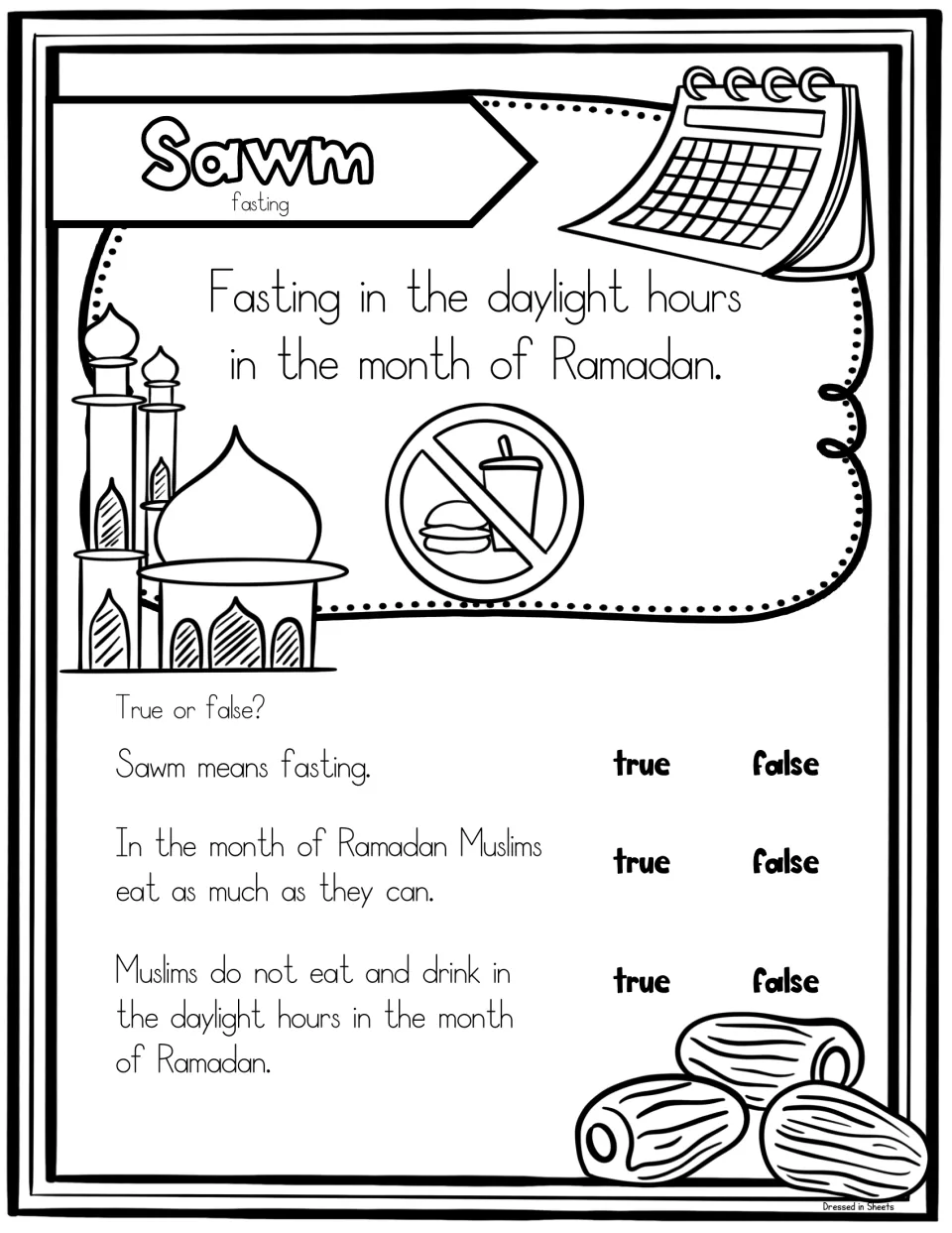 Sawm, fasting: defines fasting in daylight hours during Ramadan; students decide if three statements are true or false