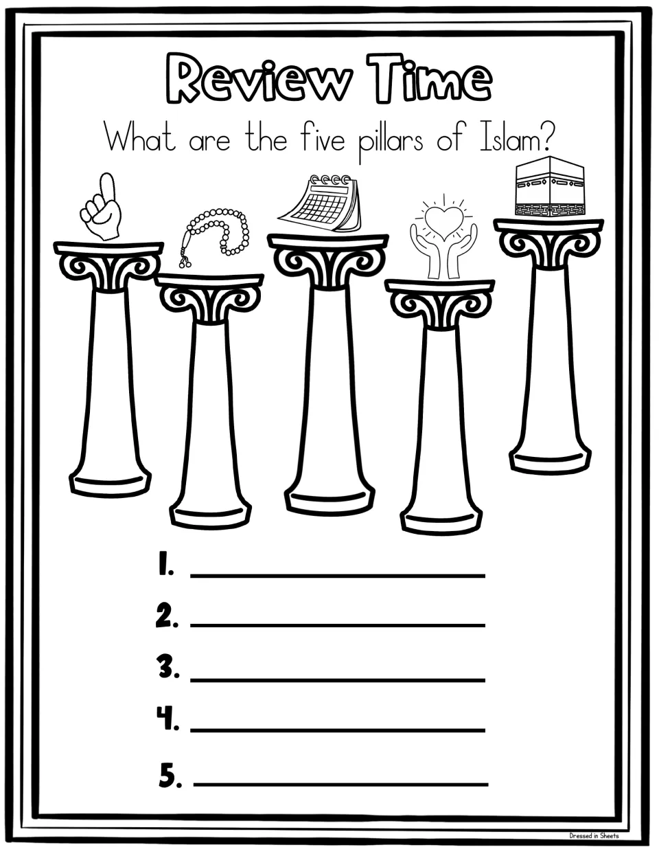 Review: students name each pillar shown by its symbol, a raised finger, prayer beads, calendar, giving hands and the Kaaba