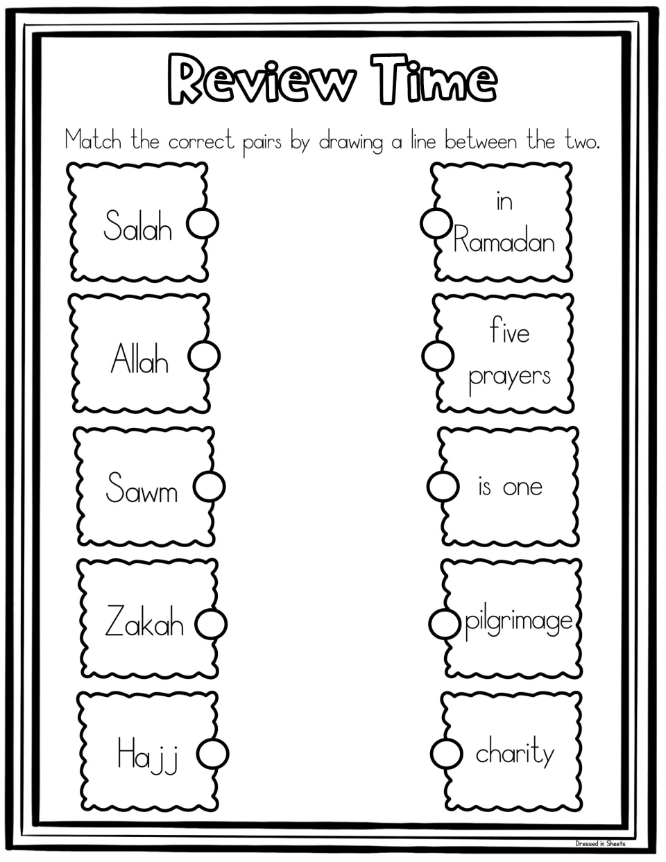 Review matching: students draw lines pairing Salah, Allah, Sawm, Zakah and Hajj with phrases like five prayers and charity