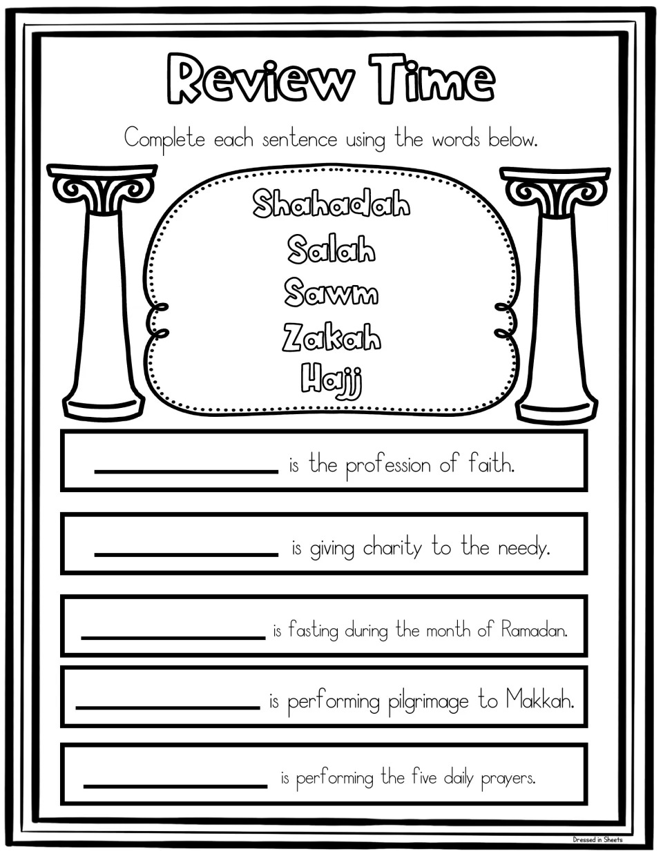 Review fill-in: students complete five definitions using the word bank Shahadah, Salah, Sawm, Zakah and Hajj