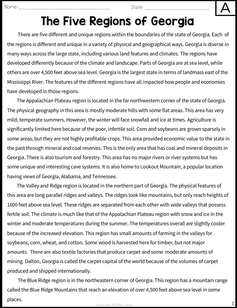 Georgia regions passage A, part 1: reading on Appalachian Plateau, Valley and Ridge and Blue Ridge land, climate and economy