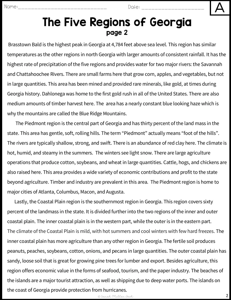 Passage A, part 2: Blue Ridge, Piedmont and Coastal Plain regions described by landforms, climate, crops, cities and industry