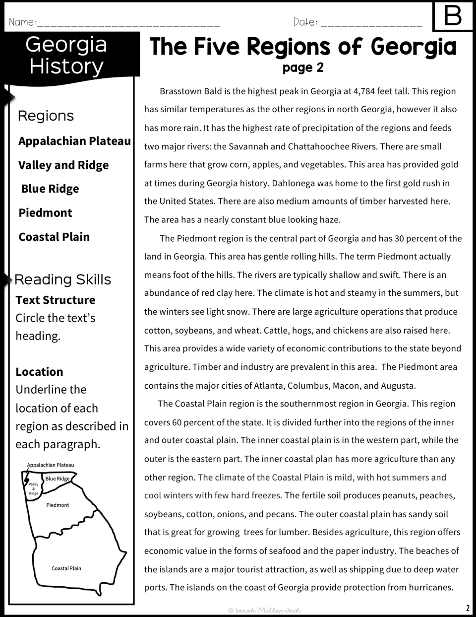 Passage B, part 2: Blue Ridge, Piedmont and Coastal Plain text with prompts to underline locations and a labeled region map