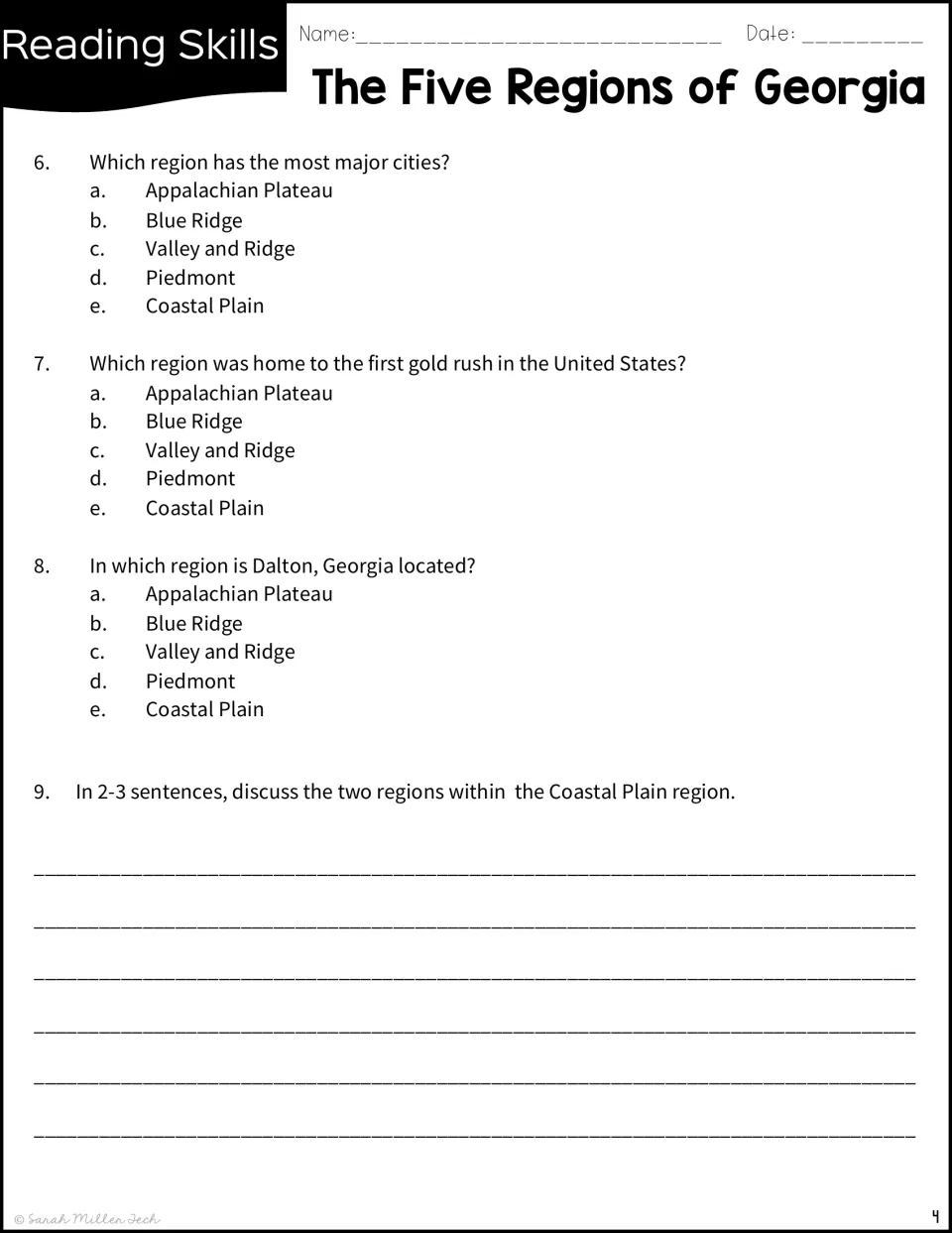 Comprehension questions 6-9: identify regions for major cities, the gold rush and Dalton, then write about the Coastal Plain