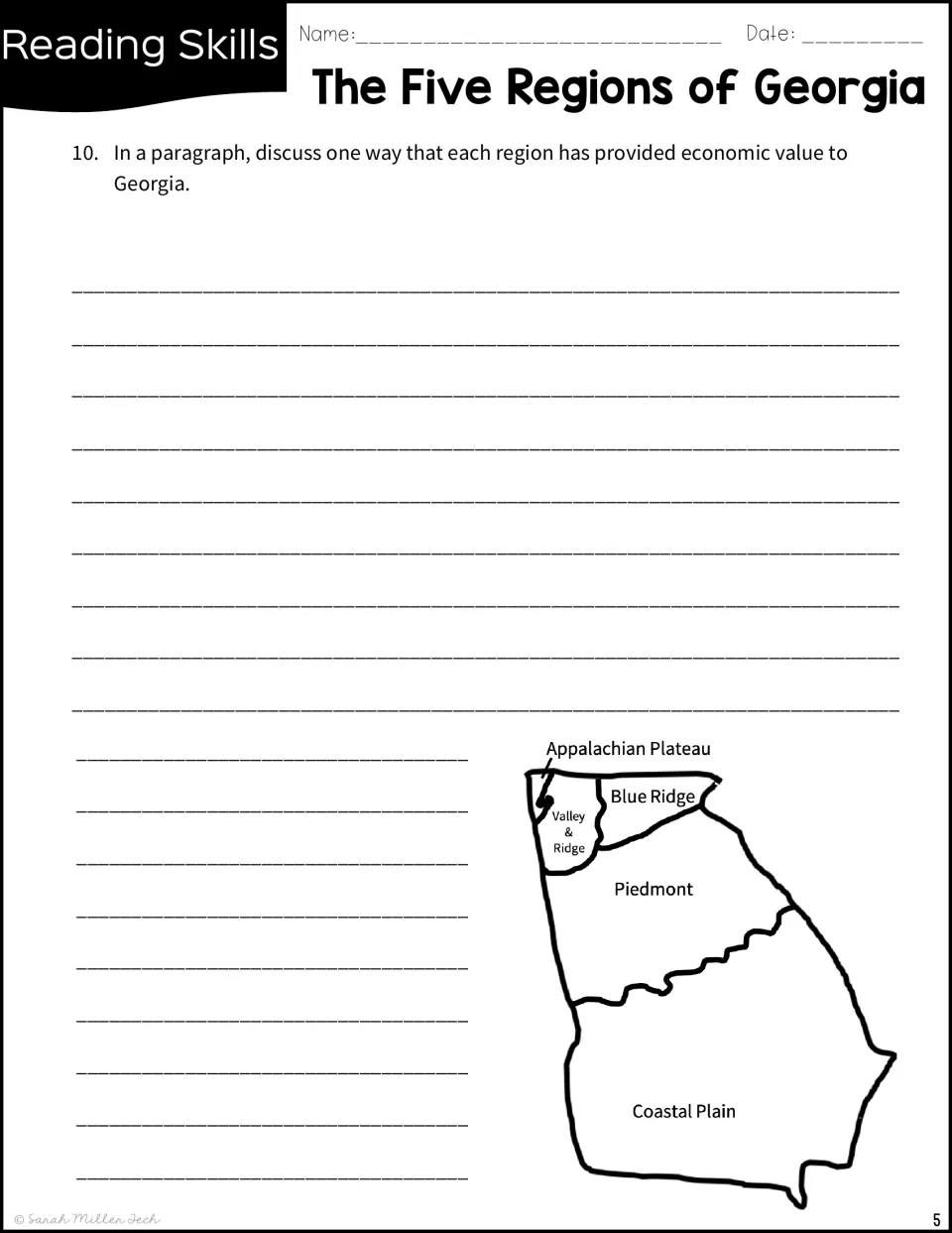 Written response 10: students write a paragraph on how each Georgia region adds economic value, with a labeled region map