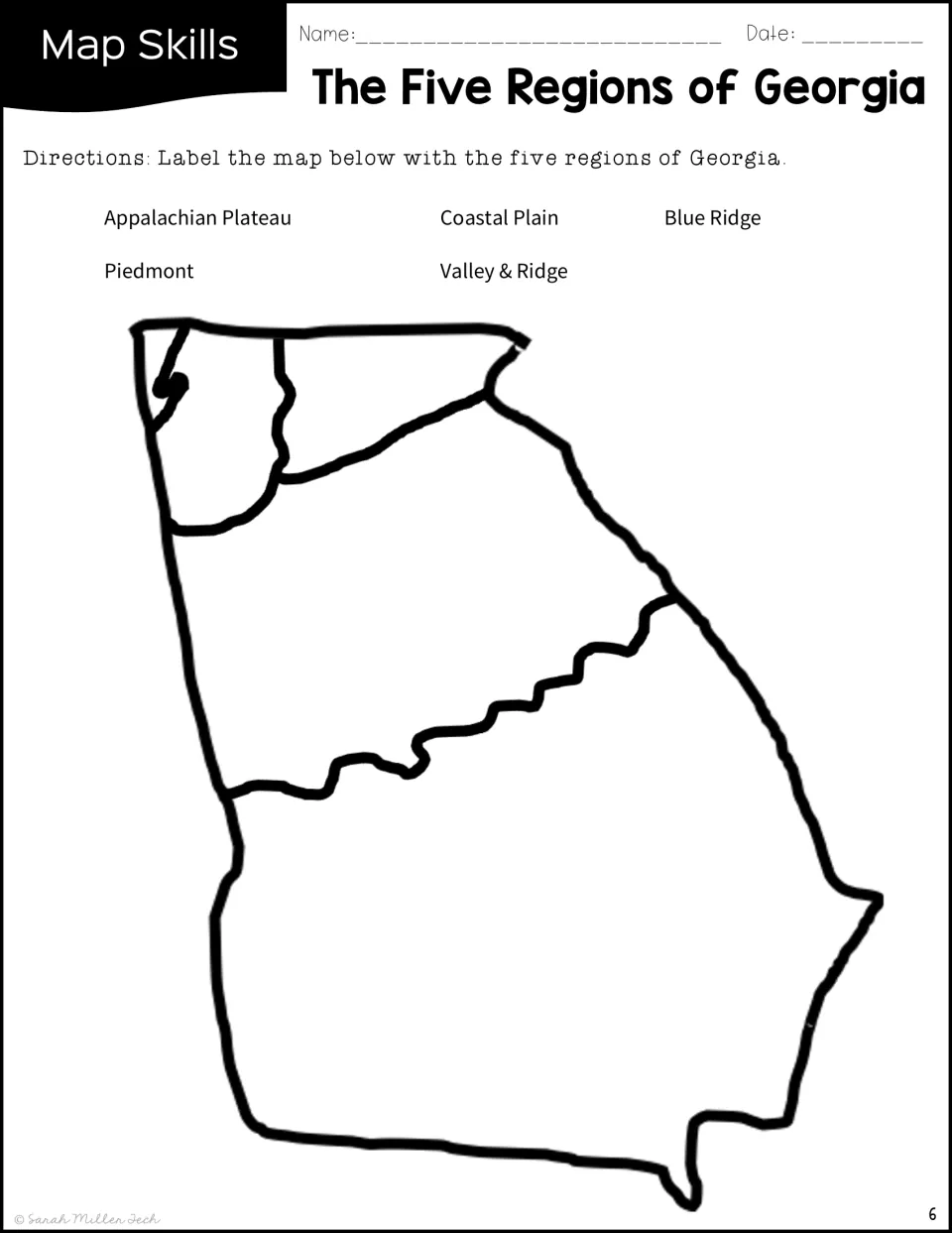Map labeling: students write Appalachian Plateau, Valley & Ridge, Blue Ridge, Piedmont and Coastal Plain on a Georgia outline
