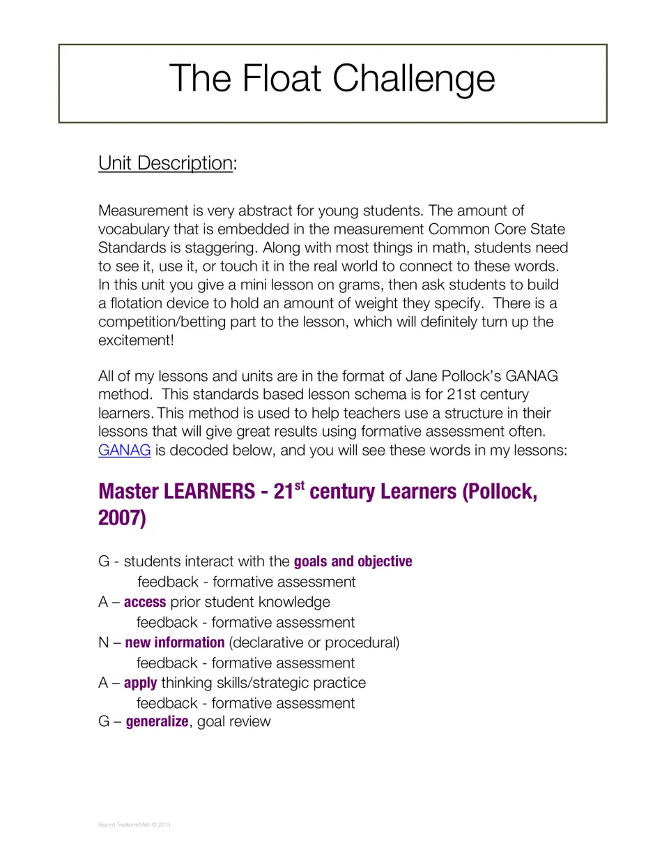 Unit overview introduces a grams mini-lesson, a flotation device challenge, and the GANAG lesson framework.