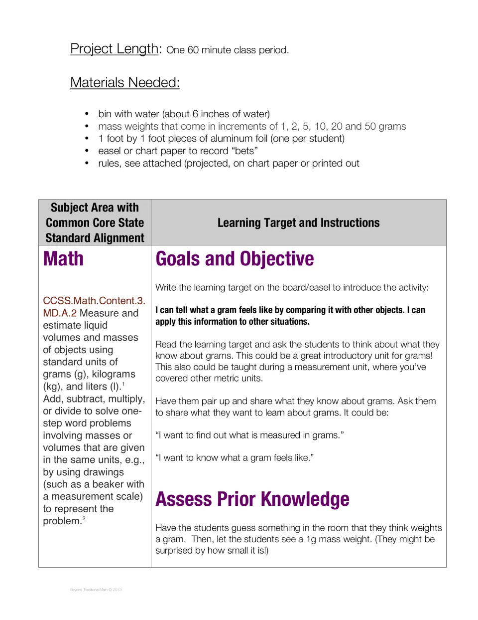 Lesson setup lists materials, a 60-minute duration, and a learning target about what a gram feels like.