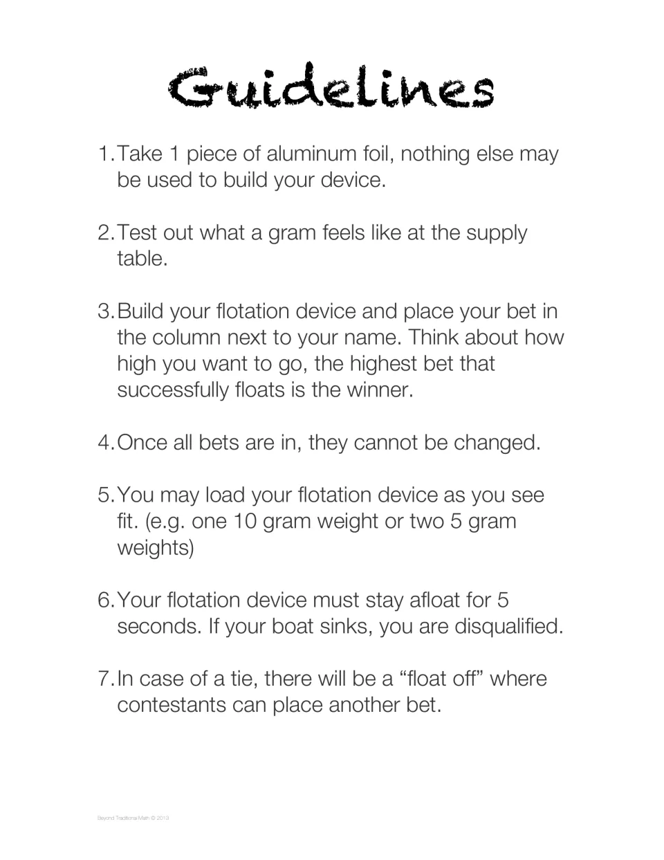 Seven student guidelines cover using one foil sheet, predicting weight, floating for five seconds, and ties.