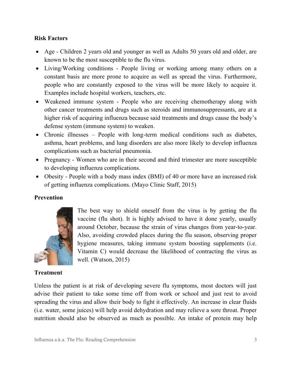 Flu article part 2: risk factors (age, chronic illness, pregnancy), prevention with a yearly flu shot, treatment