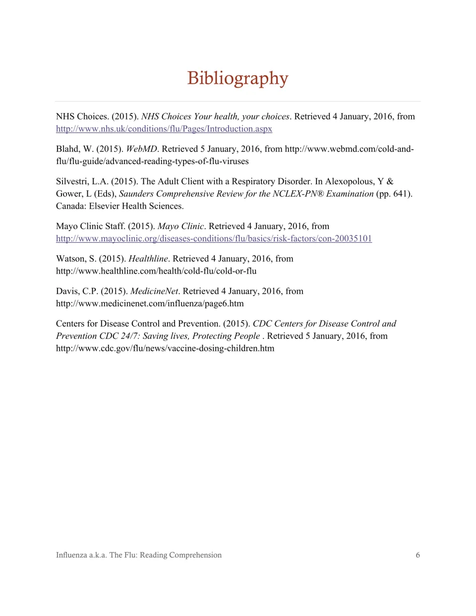 Bibliography for the flu article citing NHS Choices, WebMD, Mayo Clinic, Healthline, MedicineNet and the CDC