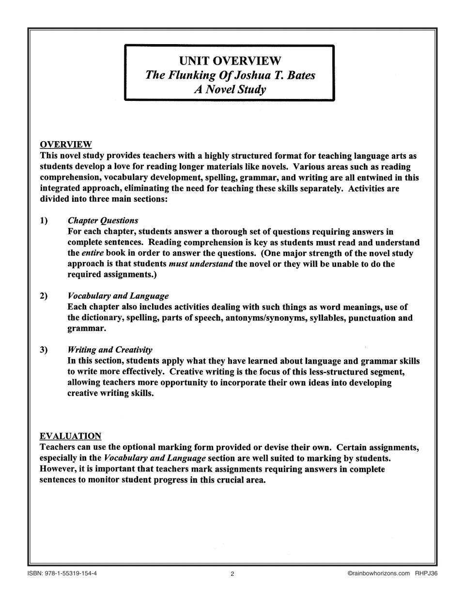 Unit overview explaining chapter questions, vocabulary and language, creative writing, and evaluation
