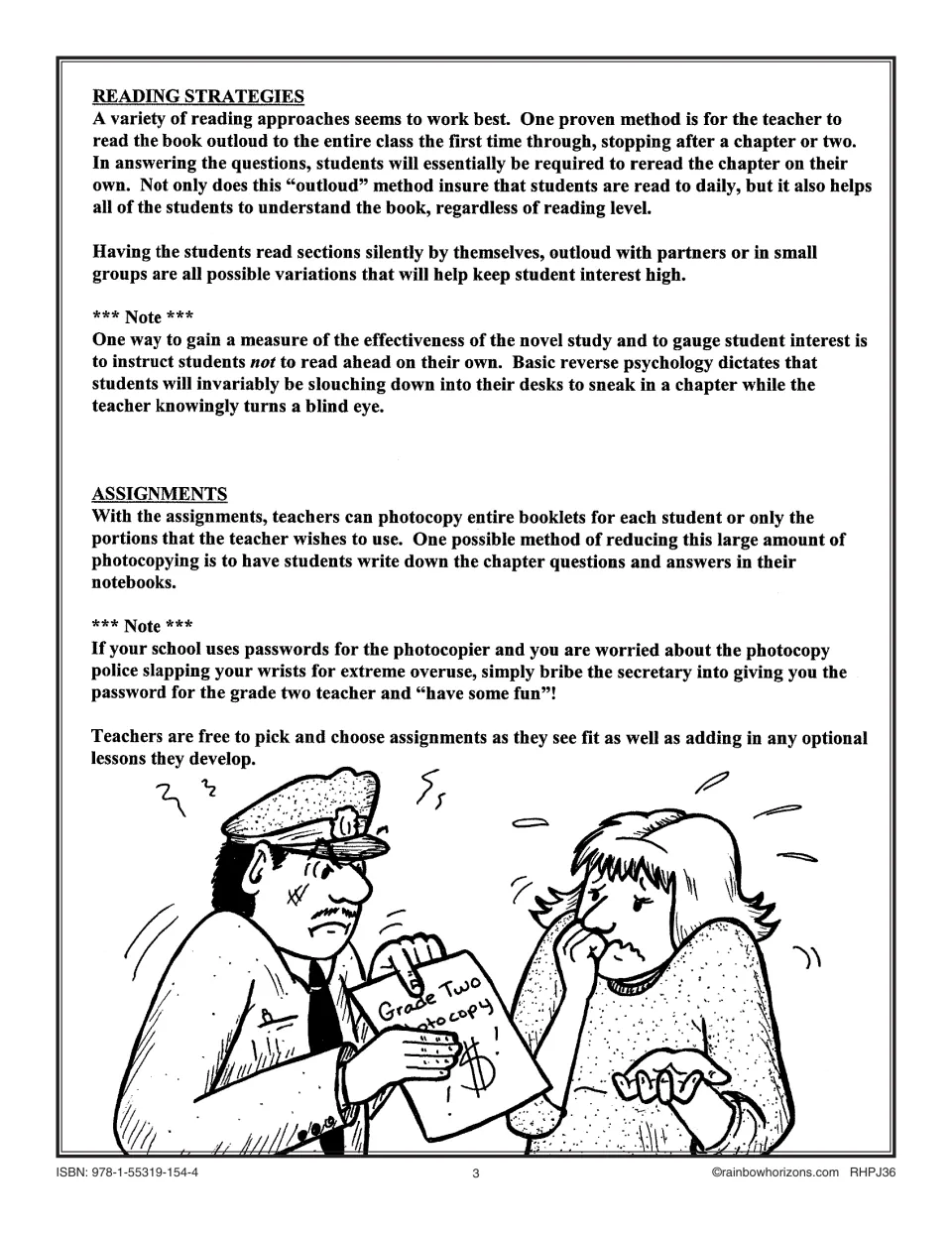 Teacher guidance for the novel study on reading aloud, partner reading, and selecting assignments