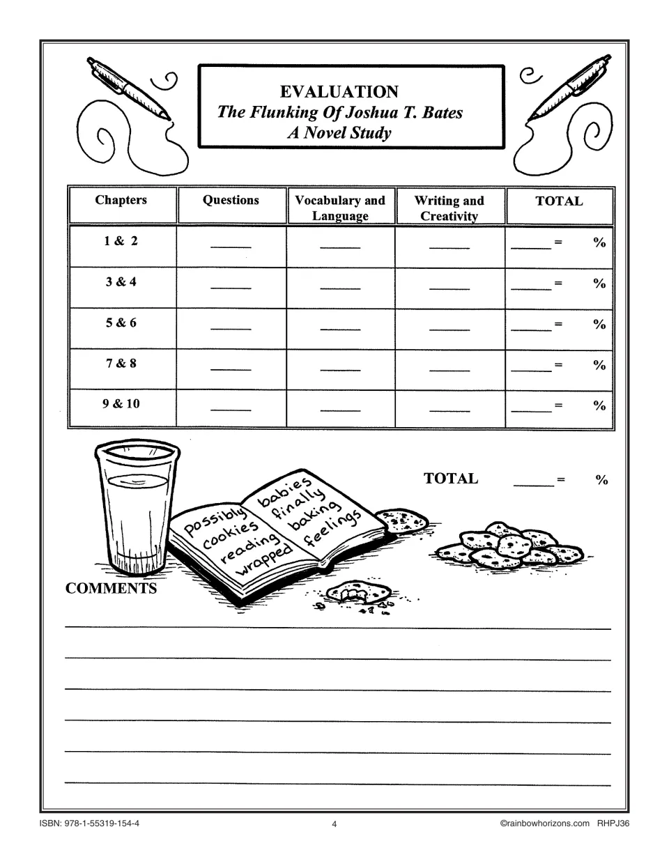Novel study evaluation form for chapters 1–10, tracking questions, language, writing, and total scores