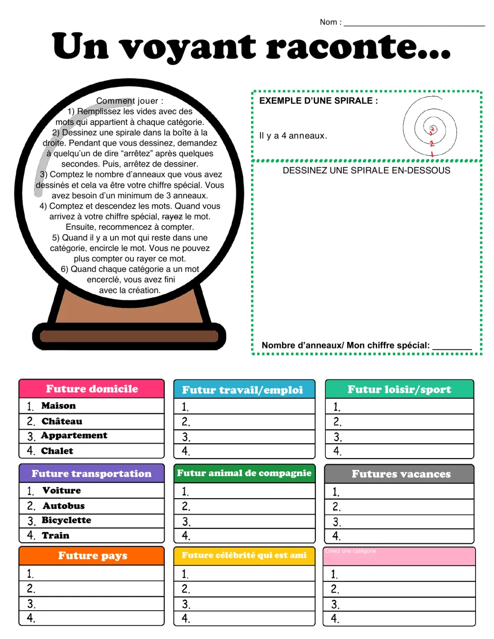 Un voyant raconte… fortune game: students list 4 French words per future category, then cross words out by spiral count