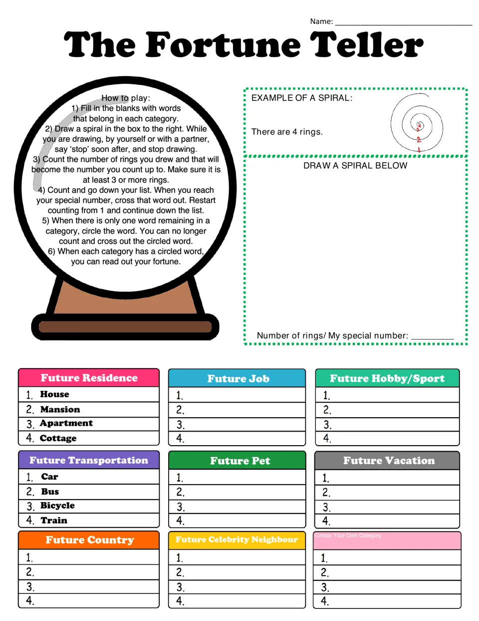 Fortune-telling game: students fill 4 words per category, such as future job or pet, then draw a spiral to cross words out
