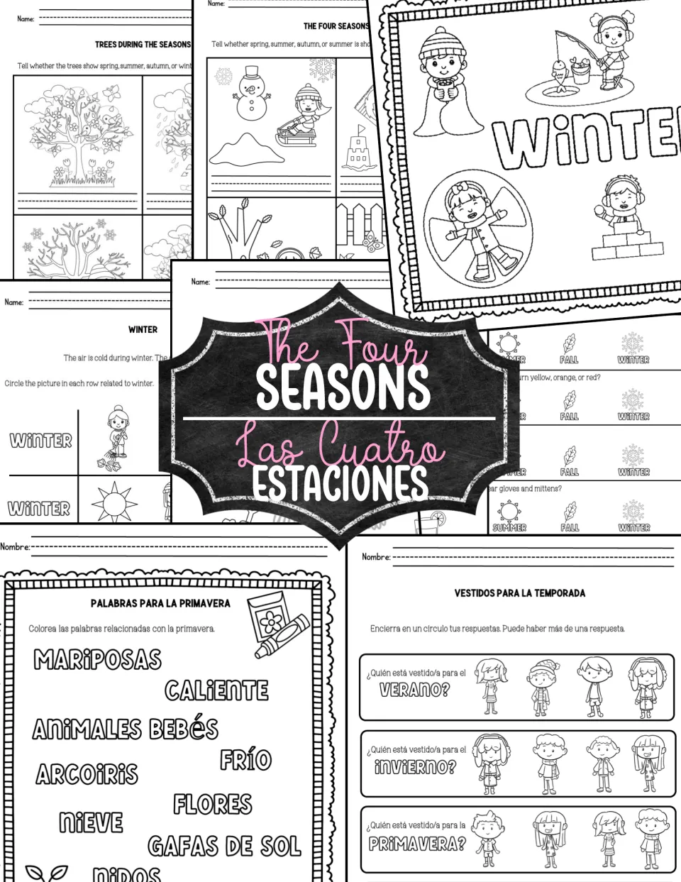 The Four Seasons Las Cuatro Estaciones cover: English season worksheets and Spanish pages like Palabras para la primavera