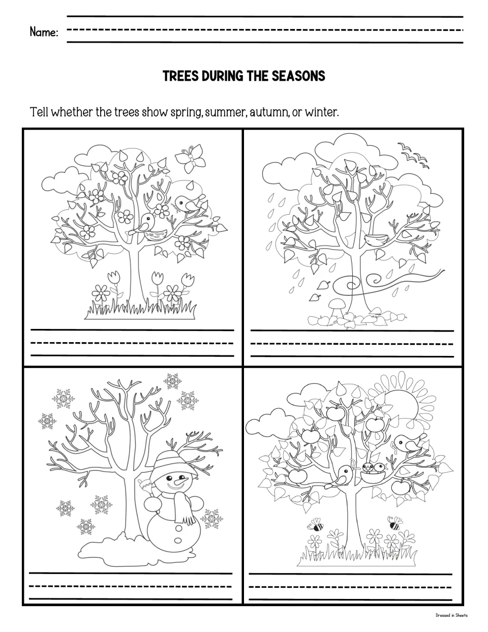 Trees during the seasons: students write spring, summer, autumn or winter under each of four tree drawings