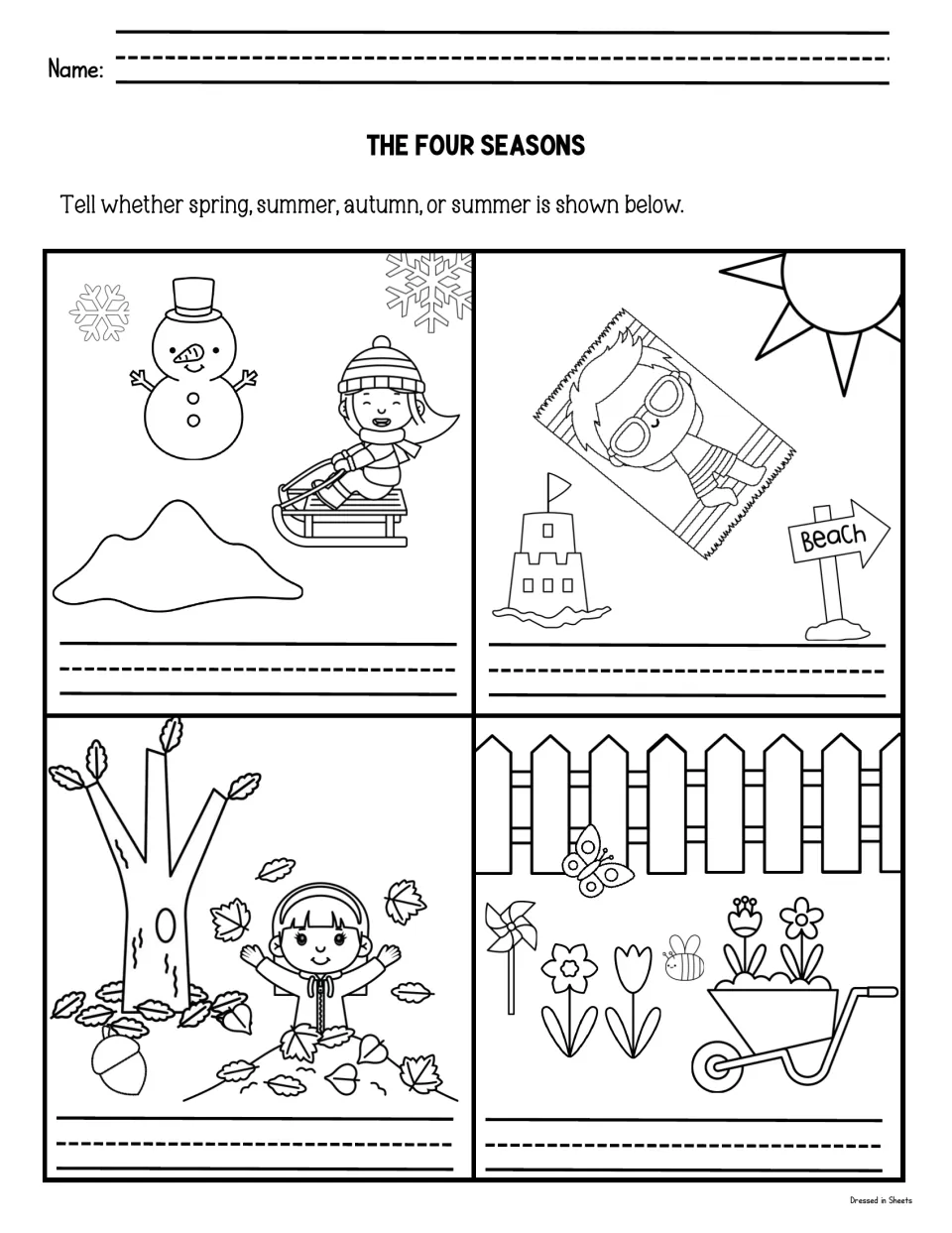 Season scenes: students name the season for sledding by a snowman, a beach day, playing in leaves and a spring garden