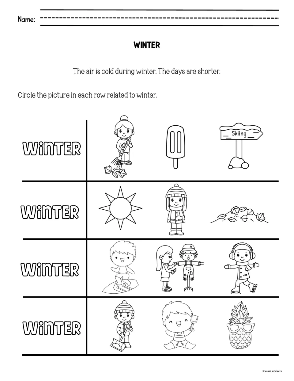 Winter: after reading that winter air is cold, students circle the winter picture, like ice skating, in each of 4 rows