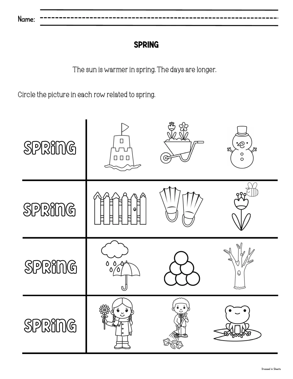 Spring: students read that days grow longer, then circle the spring picture in each row, such as flowers, rain or a frog