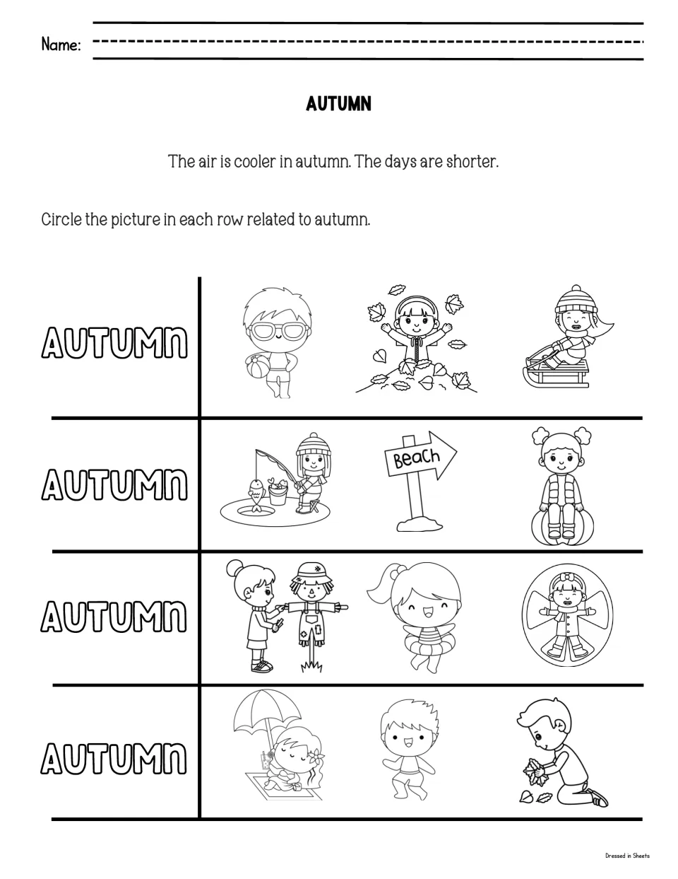 Autumn: students read that the air is cooler, then circle the fall picture in each row, like leaf piles and a scarecrow