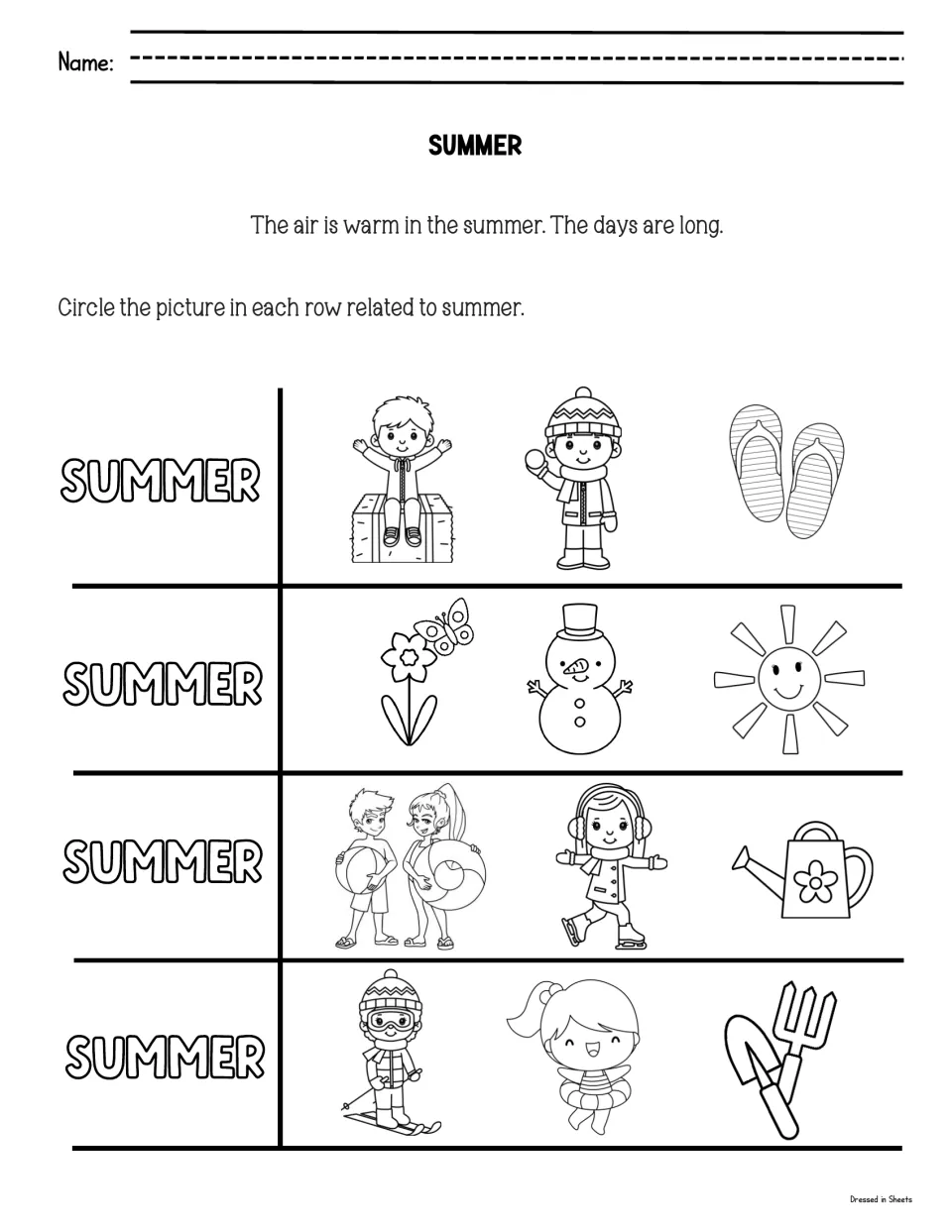 Summer: students read that summer days are long, then circle the summer picture in each row, like flip-flops or a sun