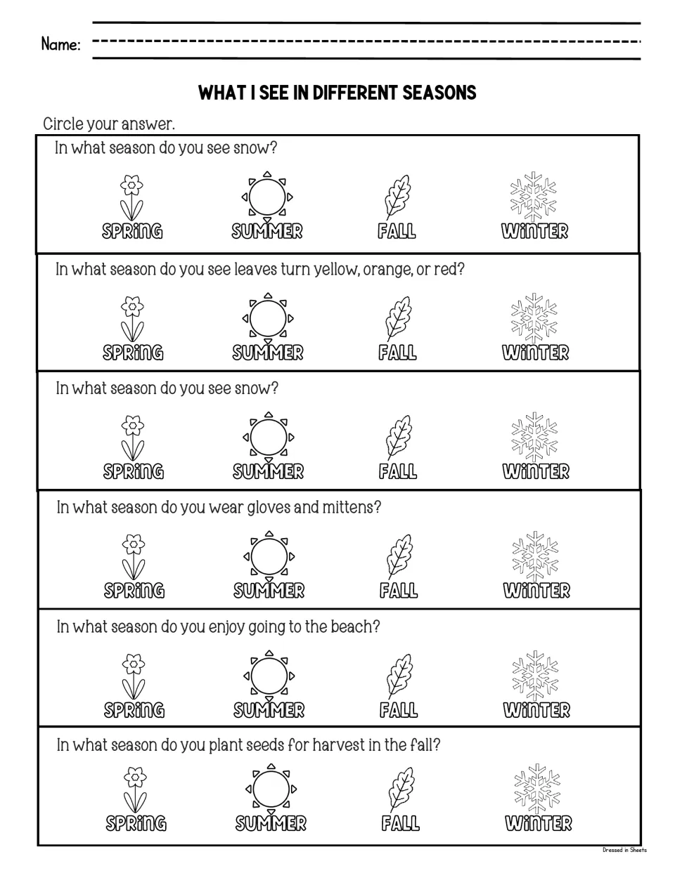 What I see in different seasons: students circle a season to answer 6 questions on snow, leaves, mittens and beach