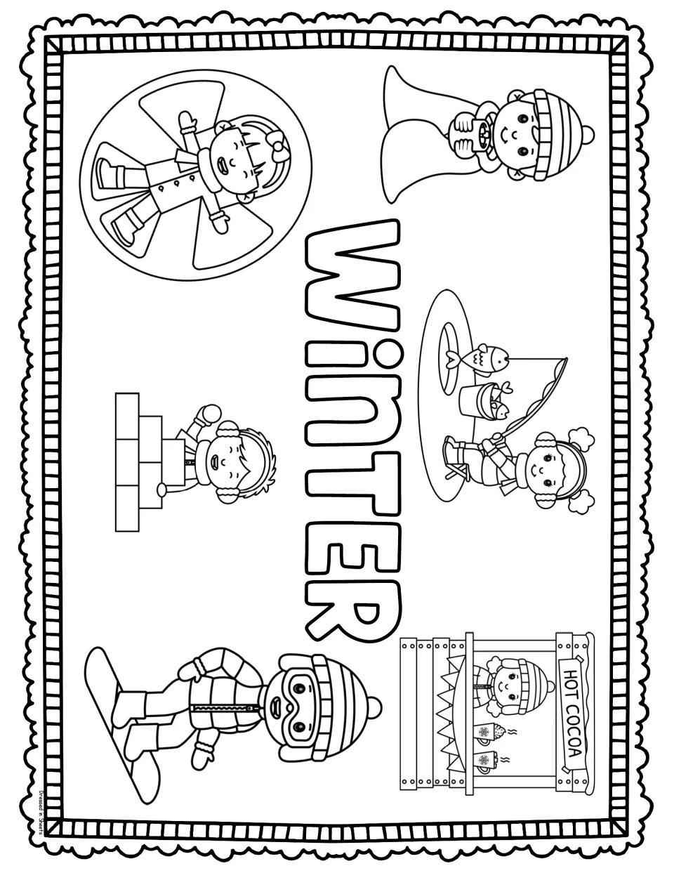 Winter coloring page: the word Winter with children making a snow angel, ice fishing, snowboarding and selling hot cocoa