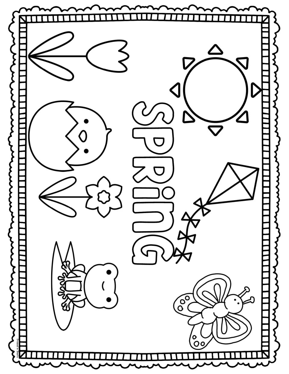 Spring coloring page: the word Spring surrounded by a tulip, hatching chick, flower, frog, sun, kite and butterfly