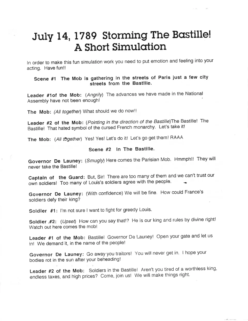 Opening script page: a Paris mob gathers on July 14, 1789, and confronts the Bastille governor and soldiers.