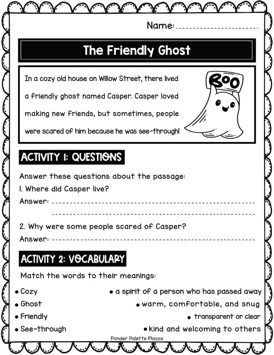 Short passage about Casper the ghost: students answer two comprehension questions and match four vocabulary words