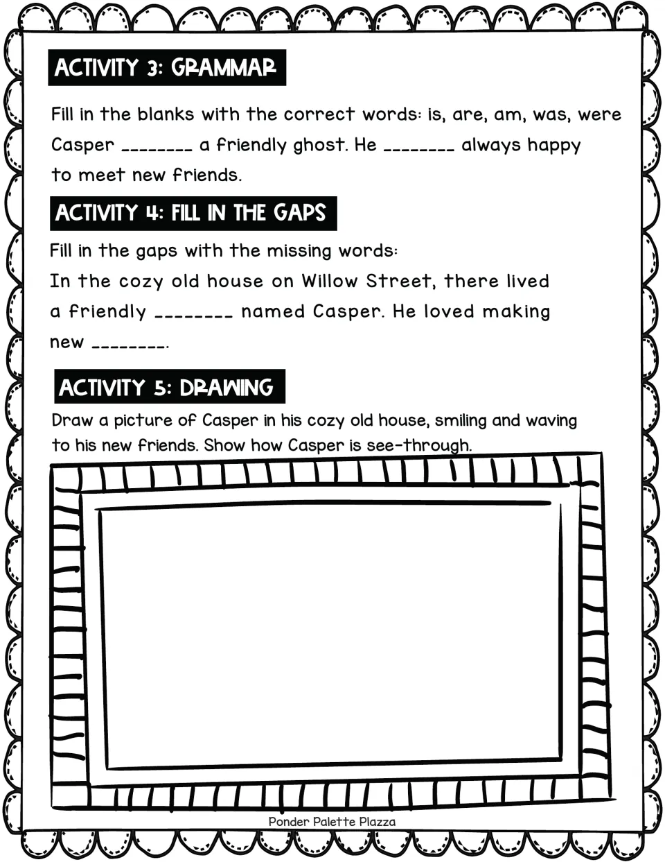 Casper follow-up: students fill in is/are/am/was/were, complete missing passage words and draw see-through Casper at home