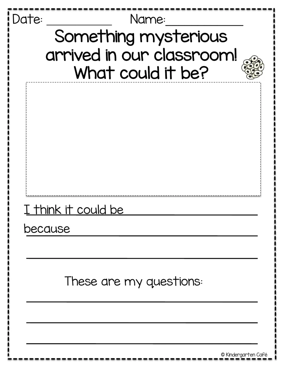 Frog unit prediction activity asks what arrived in the classroom, with prompts for a guess, reason, and questions