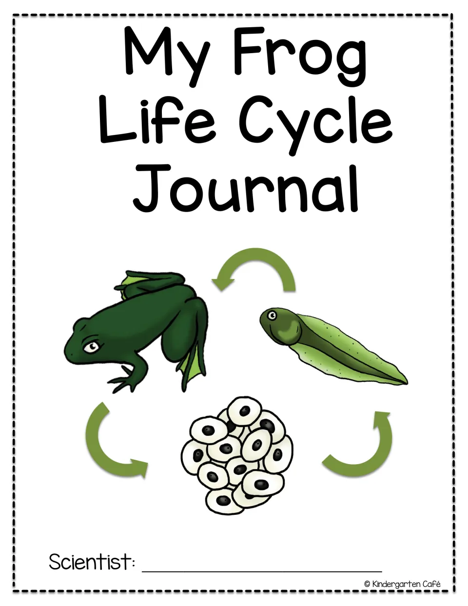 Frog life cycle journal cover shows a color diagram of eggs, a tadpole, and a frog, plus a scientist name prompt
