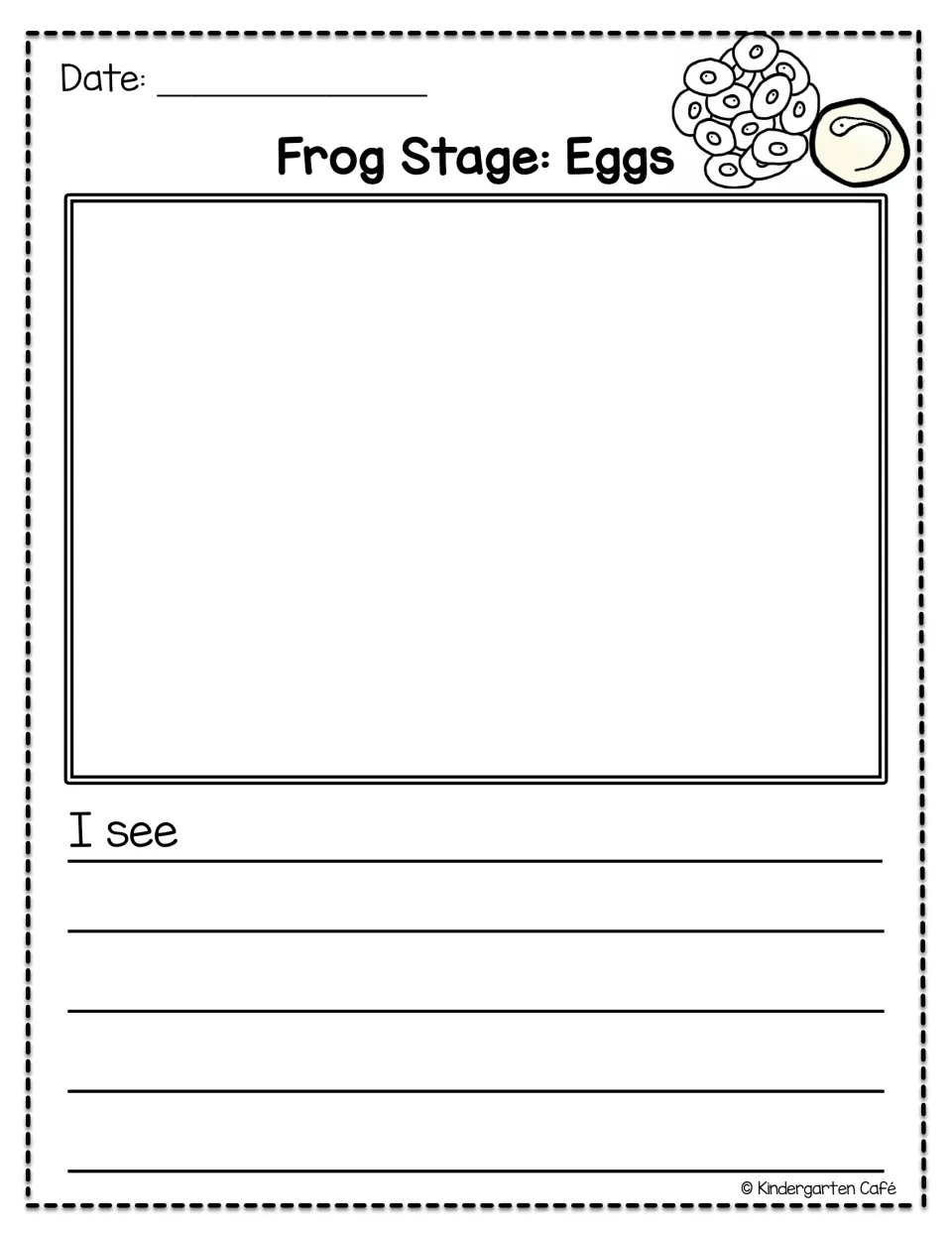 Frog journal egg-stage observation page includes a date prompt, egg illustrations, and the sentence starter 'I see'