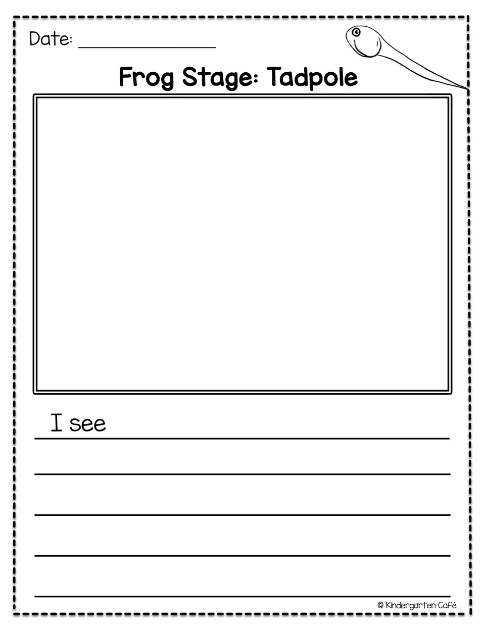 Frog journal tadpole observation page shows a tadpole without legs and provides the sentence starter 'I see'