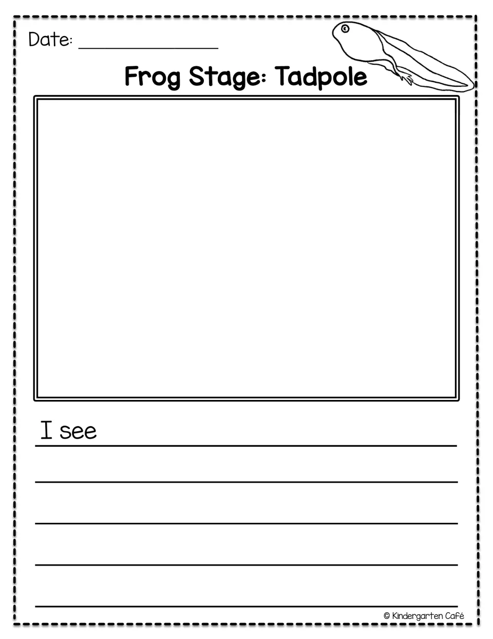 Frog journal tadpole observation page shows a tadpole developing hind legs and uses the sentence starter 'I see'