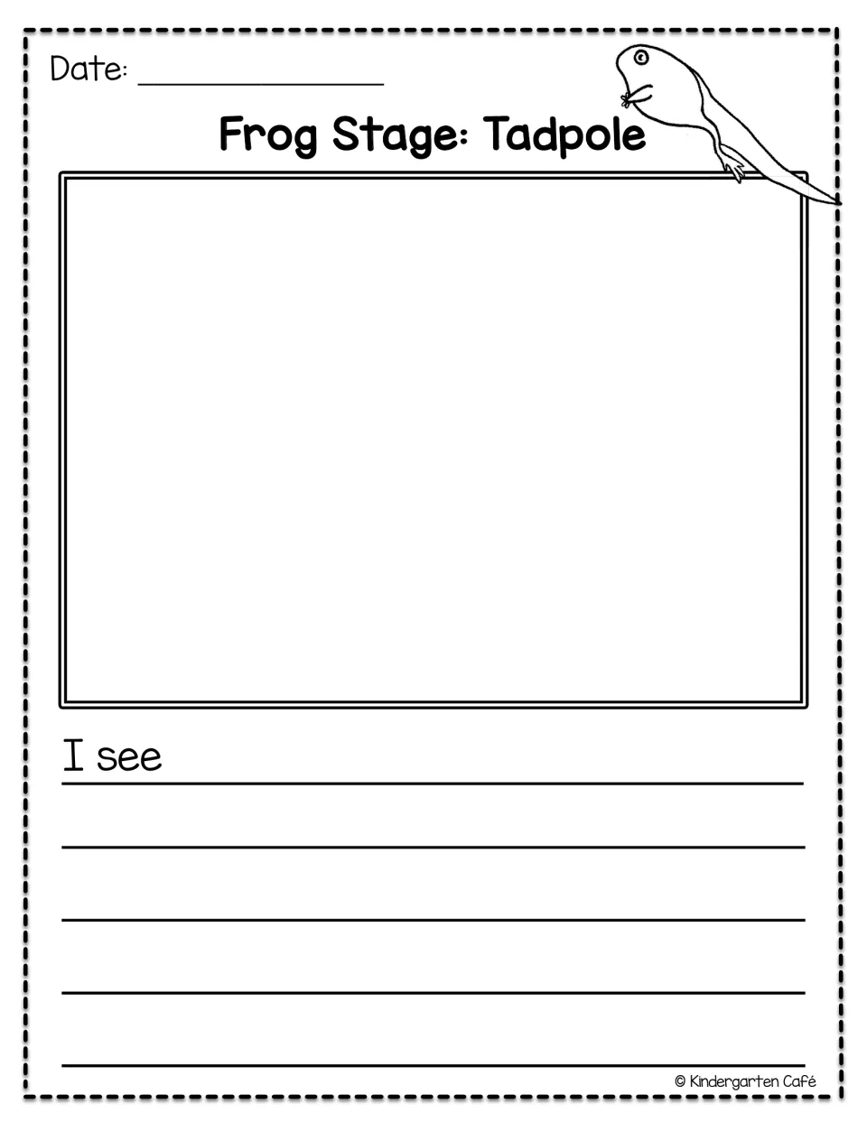 Frog journal tadpole observation page shows front and hind legs with a remaining tail and the prompt 'I see'