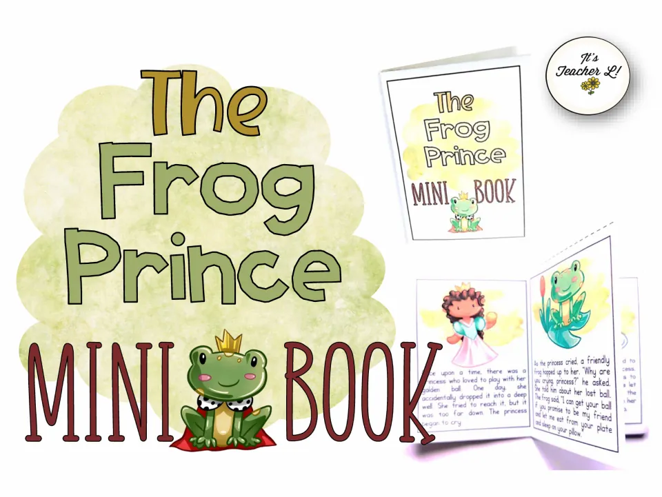 The Frog Prince mini book cover showing the frog with a crown and folded sample pages of the princess and frog story