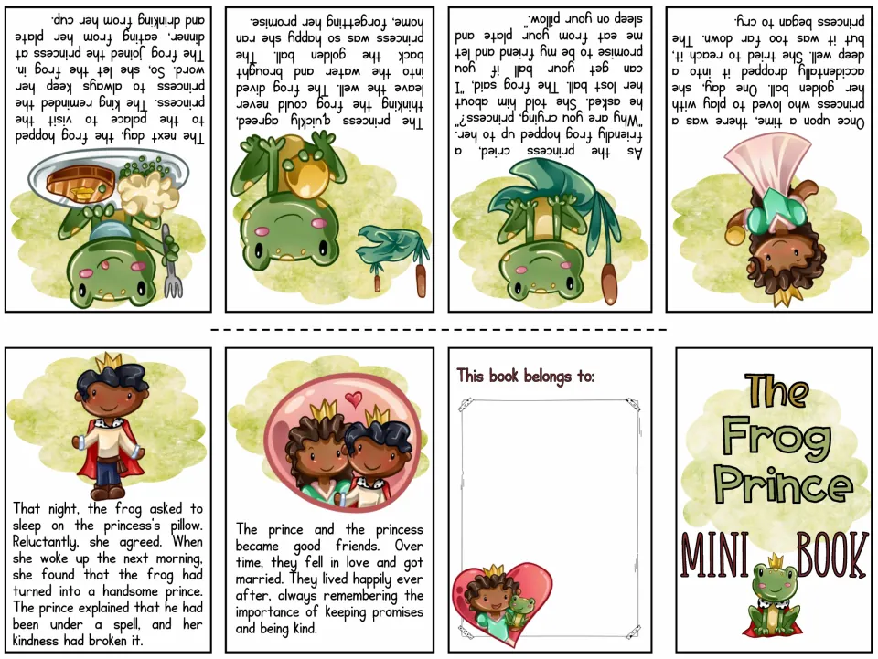 Colored Frog Prince story: the princess loses her golden ball, a frog helps, then turns into a prince who marries her