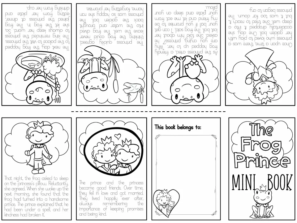 Black and white Frog Prince story with gray text: students trace each page's sentences and color the pictures