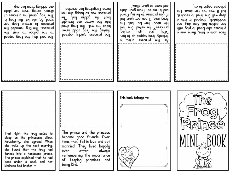 Picture-fill Frog Prince pages: story text is printed and students paste the matching scene above each part