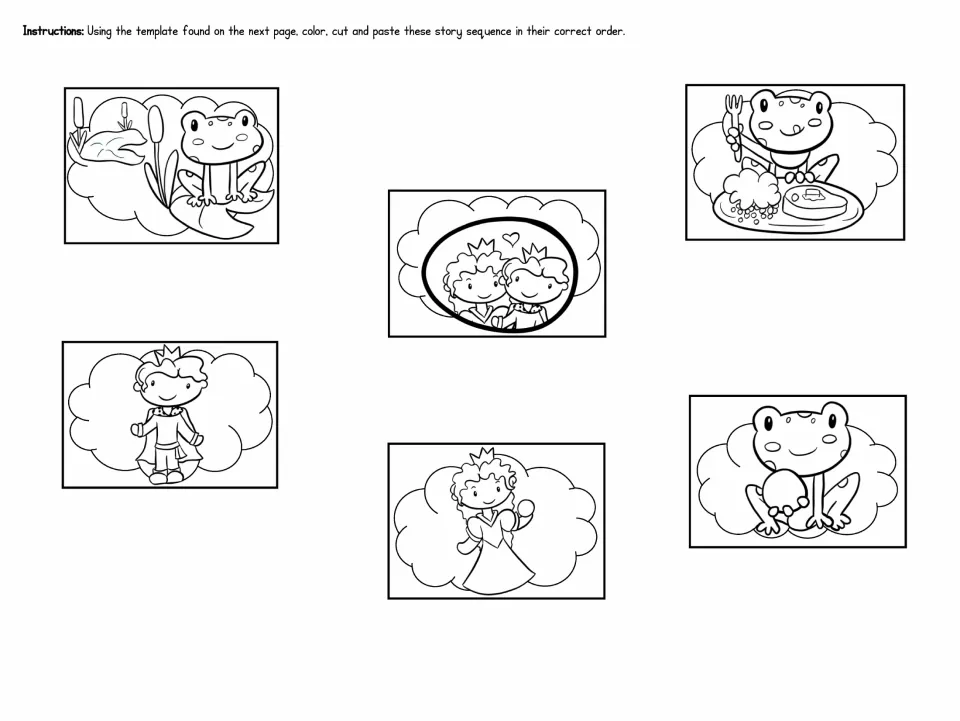 Story sequence pictures: students color and cut out six Frog Prince scenes, then paste them in the correct order