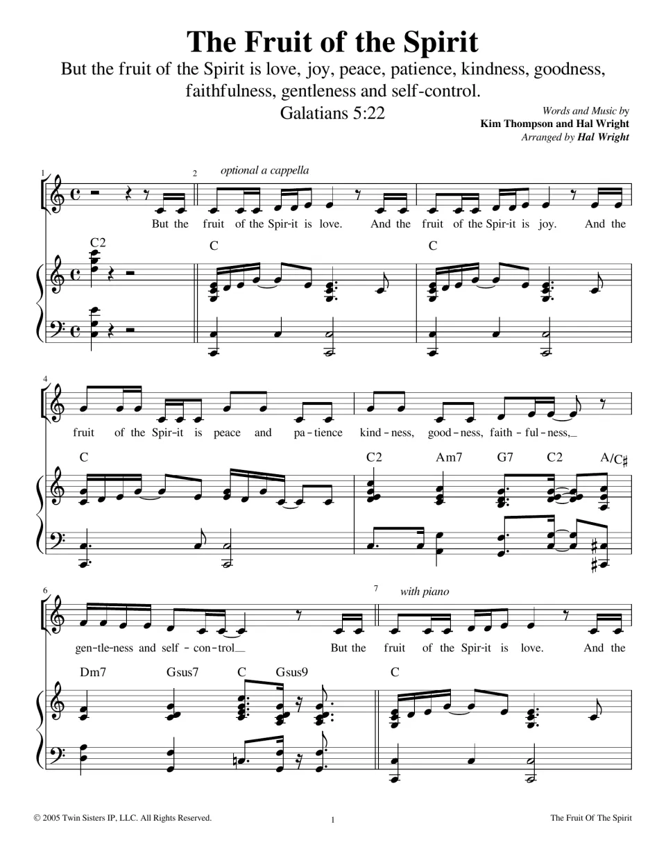 Opening of a song on Galatians 5:22: vocal melody with lyrics listing love and joy, piano chords, optional a cappella start
