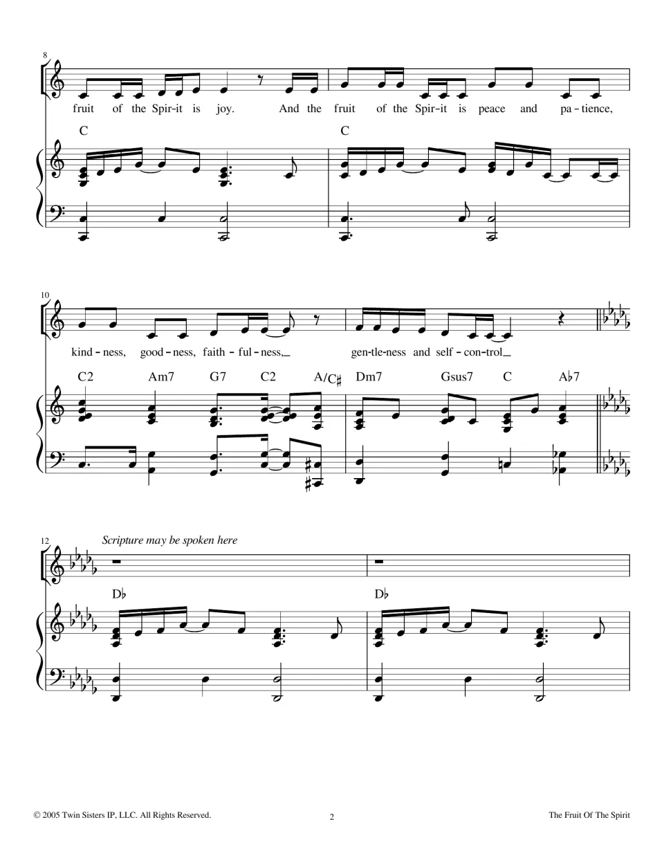 Measures 8-13: vocals finish the list of virtues in C, then a key change to D-flat where scripture may be spoken over piano