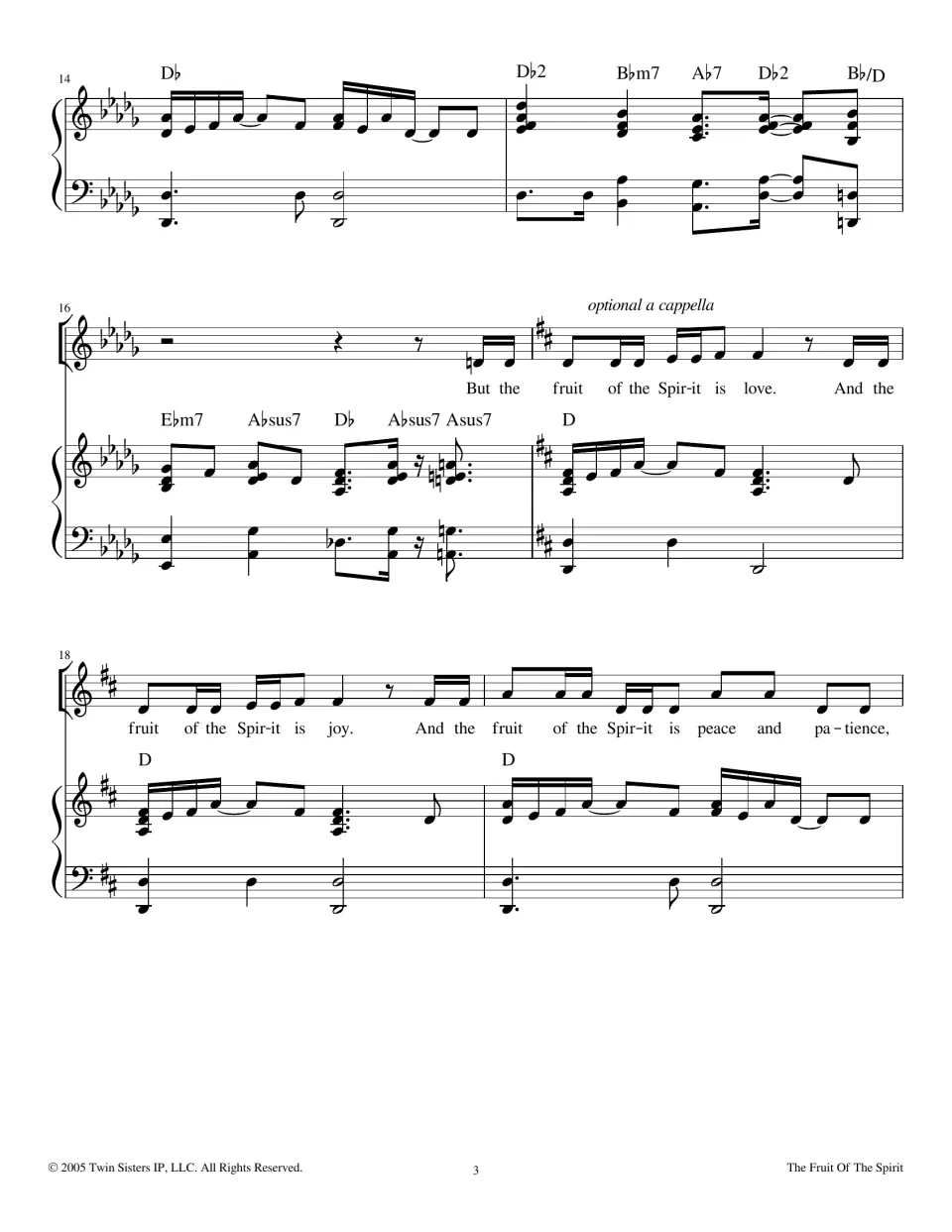 Measures 14-19: piano interlude in D-flat, then voice re-enters in D major, optional a cappella, singing love and joy
