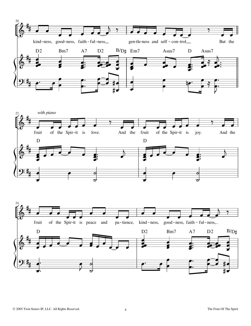 Measures 20-25 in D major: lyrics on kindness, gentleness and self-control, then piano rejoins for the repeated refrain