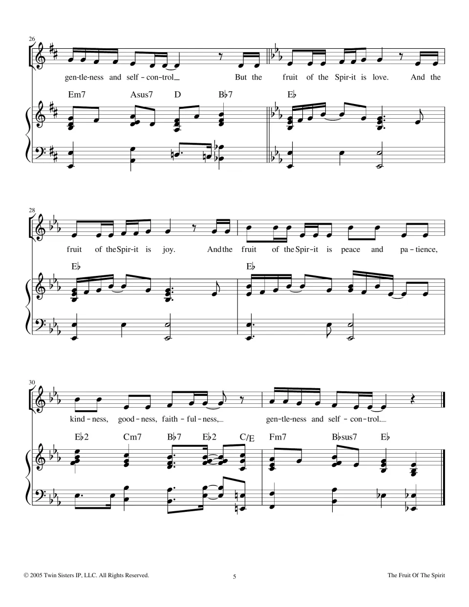 Final measures 26-31: a key change to E-flat for the last refrain, ending on self-control with a final chord